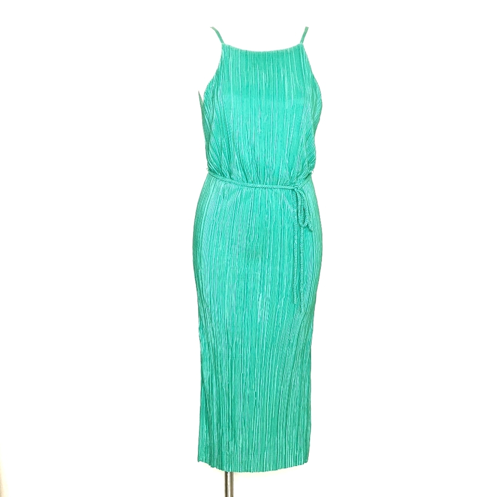 New York & Company Green Mirco Pleated Midi Dress